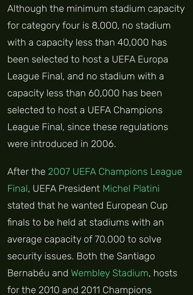 @Kastoree @EnSuperLig @cevahircarsi Ki böyle bir şey varmış sahiden… 4. Kategori olması gerekiyormuş stadların Avrupa Kupa finalleri için. Ki 4. Kategoride olması için 8 bin kişi yetmesine rağmen Ş.L. finali için en az 60 bin hatta Platini’nin en az 70bin kişilik olmasını istediği yazıyor güvenlik vs gerekçelerle.