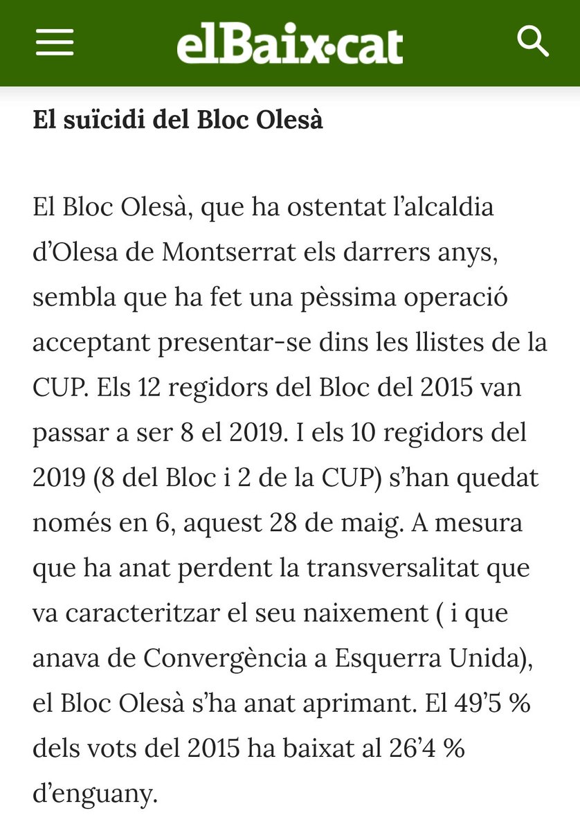 El <a href="/elbaixcat/">elBaix.cat</a> ha publicat aquesta nota vergonyosa sobre a la constitució del nou ajuntament d'Olesa.

No es tracta només d'un titular desafortunat o de clickbait, es tracta de fer passar un article d'opinió  (legítima, clar) per informació contrastada. 

DESINFORMACIÓ