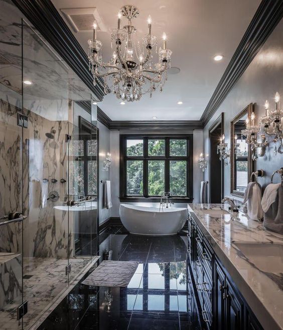 Another luxury bathroom. Not a fan of the chandelier or sconces but they can be easily changed. The rest, is divine.

#bathroomdesign 
#bathrooms 
#interiordesign