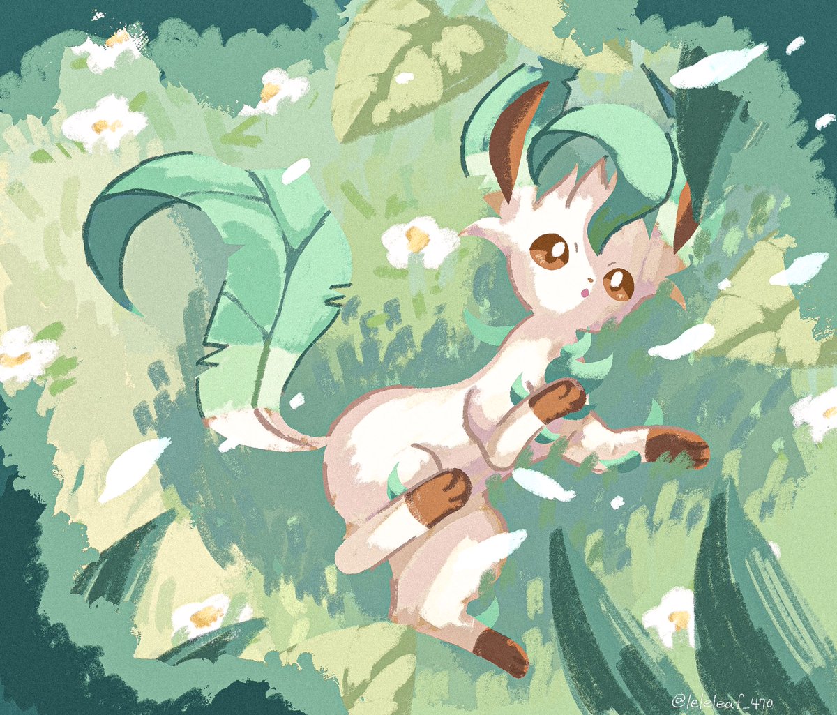leafeon no humans pokemon (creature) solo flower grass brown eyes white flower  illustration images