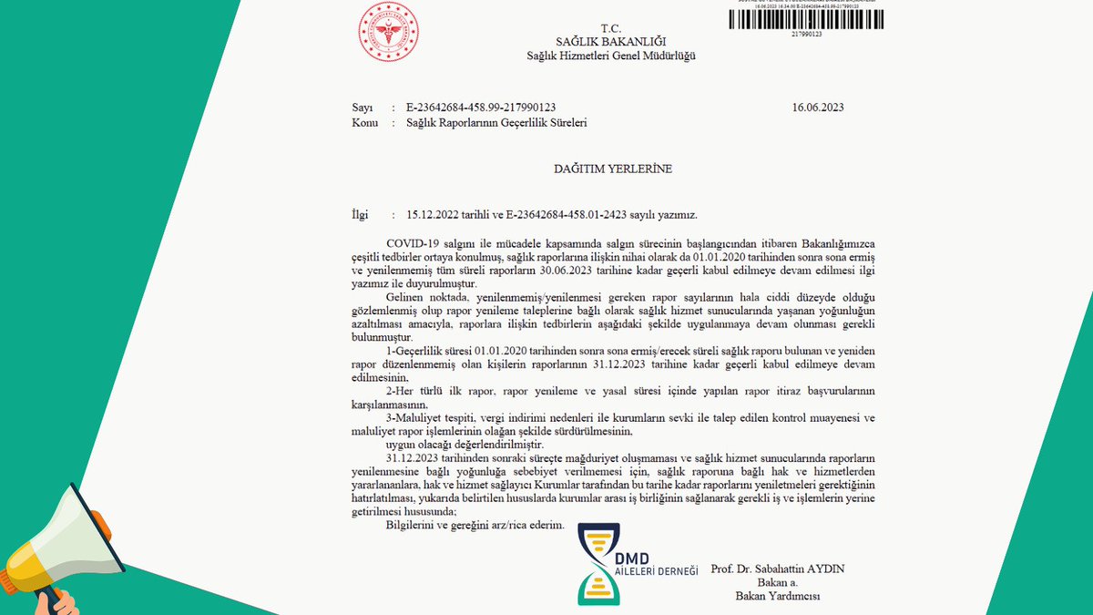 Sağlık Bakanlığı, geçerlilik süresi 01.01.2020 tarihinden sonra sona ermiş ve henüz yenilenmemiş süreli tüm sağlık raporlarının geçerlilik süresini SON KEZ 31.12.2023 tarihine kadar uzattığını açıkladı.