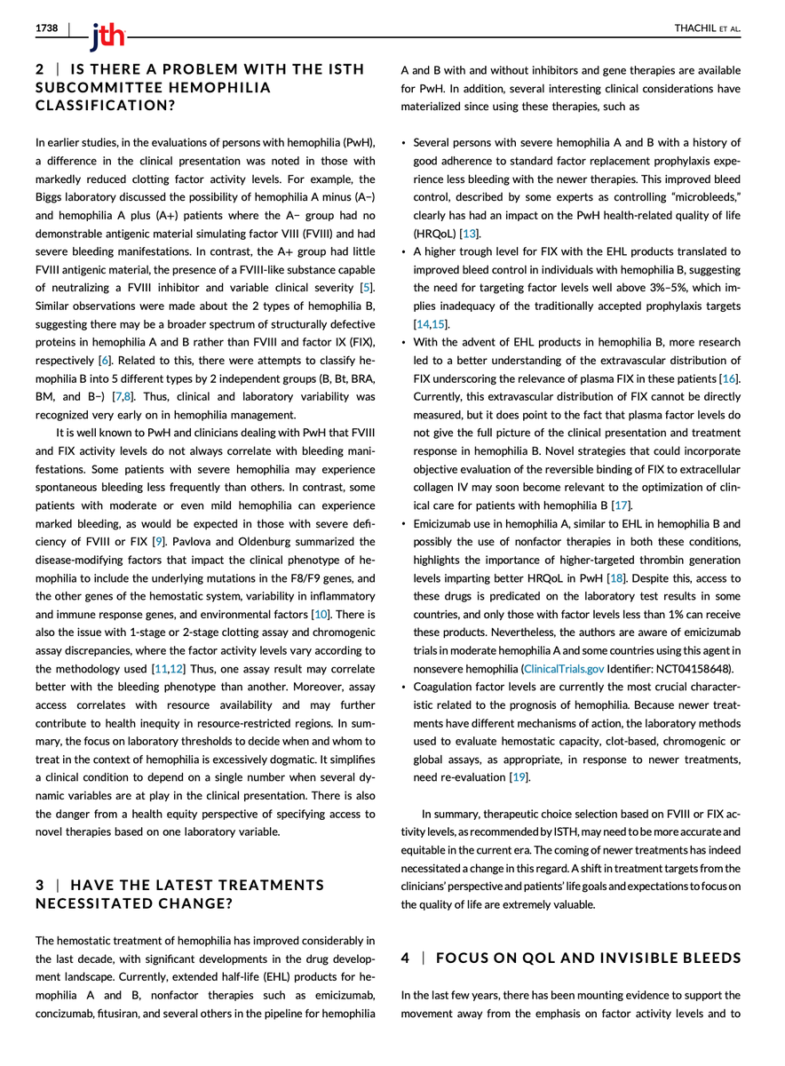 ProfMakris's tweet image. Jecko Thachil and colleagues argue for a reclassification of #hemophilia. Their arguments are made in this paper in the latest issue of @JTHjournal. @GuyYoungMD and I disagree and have written on why we should keep the status quo. Our paper is in the same issue of the journal.