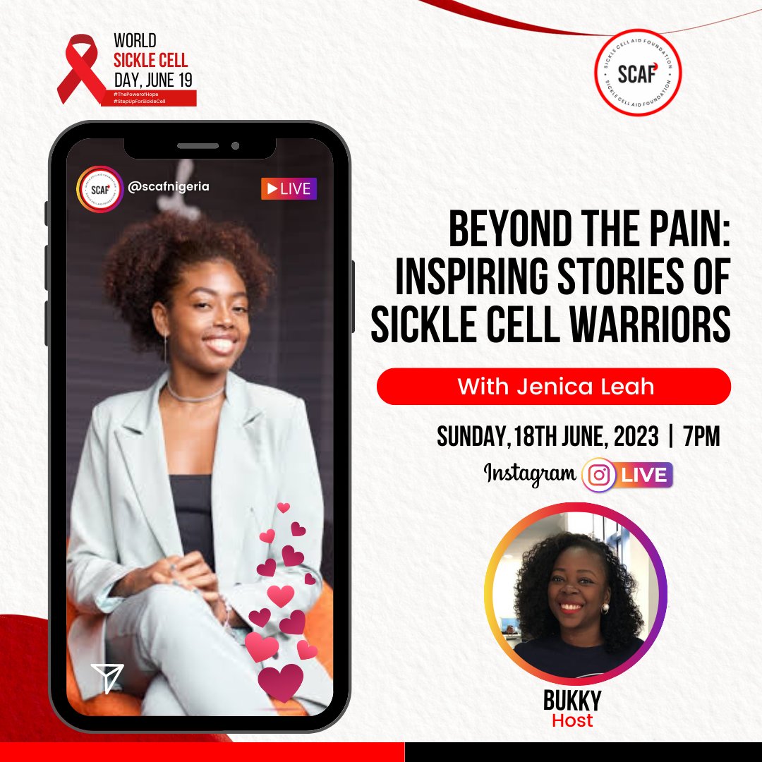 SCAF_Nigeria's tweet photo. Join us today by 7pm for a special IG Live commemorating #WorldSickleCellDay 2023.
We are thrilled to have the incredible @JustJLeah as our special guest. Jenica is an inspiring advocate, author, & Sickle Cell Warrior.
#SCAF #WSCD #SickleCellAwareness #StepUpForSickleCell https://t.co/tbGavqKJ5w