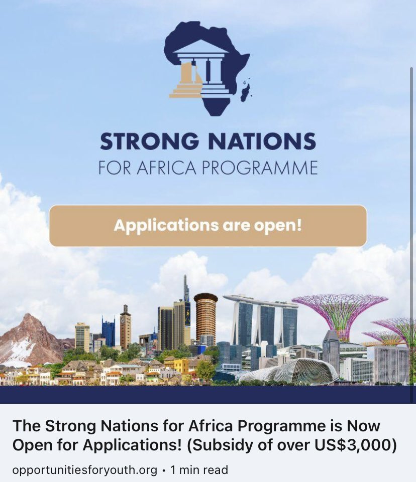 🌍 Introducing the Strong Nations for Africa Programme! 🌱
🔗 Link : rb.gy/kytia
🛑 Applications can be submitted through our online application form by 7 July 2023.
 #StrongNationsAfrica #PublicLeadership #GovernanceForAll #building #opportunity #leaders #community