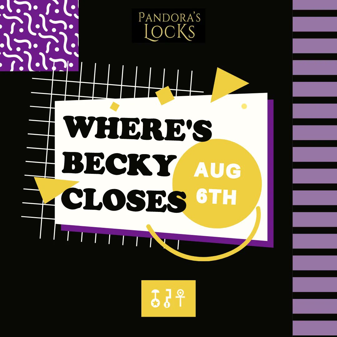 pandoras_locks's tweet photo. If you solved our Weekly Puzzle last week you saw that Where’s Becky will be closing. 
Becky’s time with us is set to come to an end on August 6th, 2023. Make sure to try out this 80’s adventure before it’s gone! https://t.co/fssGcsZfR1
