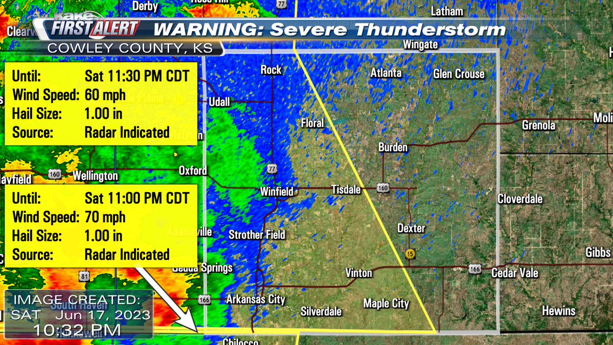 A Severe Thunderstorm Warning has been issued for part of Cowley County, Kansas. #KSwx