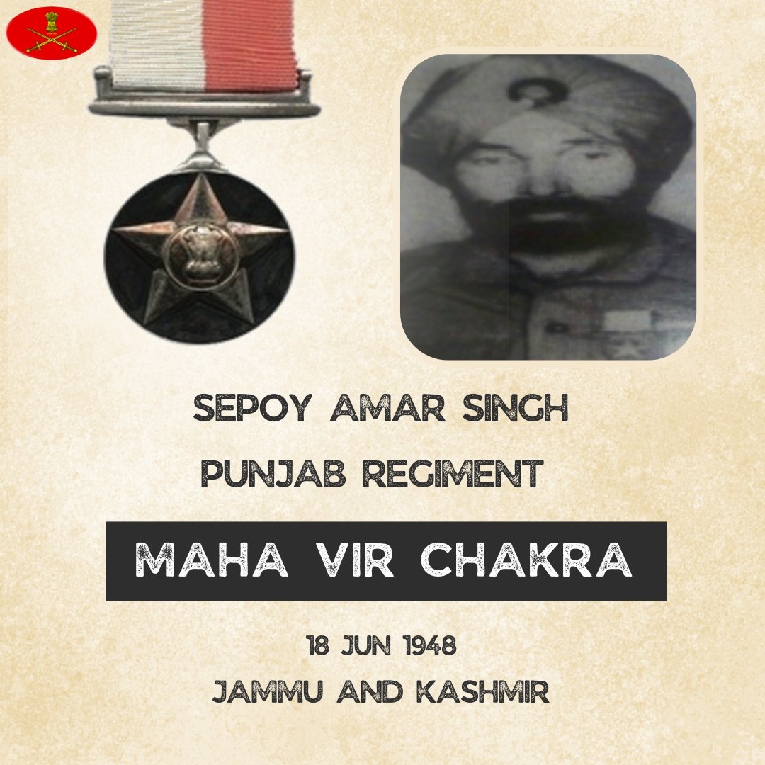 adgpi's tweet photo. दुश्मन ने ज़ोजिला पास की लड़ाई के दौरान, सिपाही अमर सिंह की पोस्ट पर भीषण हमला किया। इस घातक हमले में घायल होने के बावजूद भी इन्होंने दुश्मन को 16 घंटों तक अपनी फायरिंग से रोके रखा और पीछे हटने के लिए मजबूर किया। अदम्य साहस व दृढ़ संकलप के लिए #महावीरचक्र से सम्मानित।

https://t.co/7uWQlhwVFB