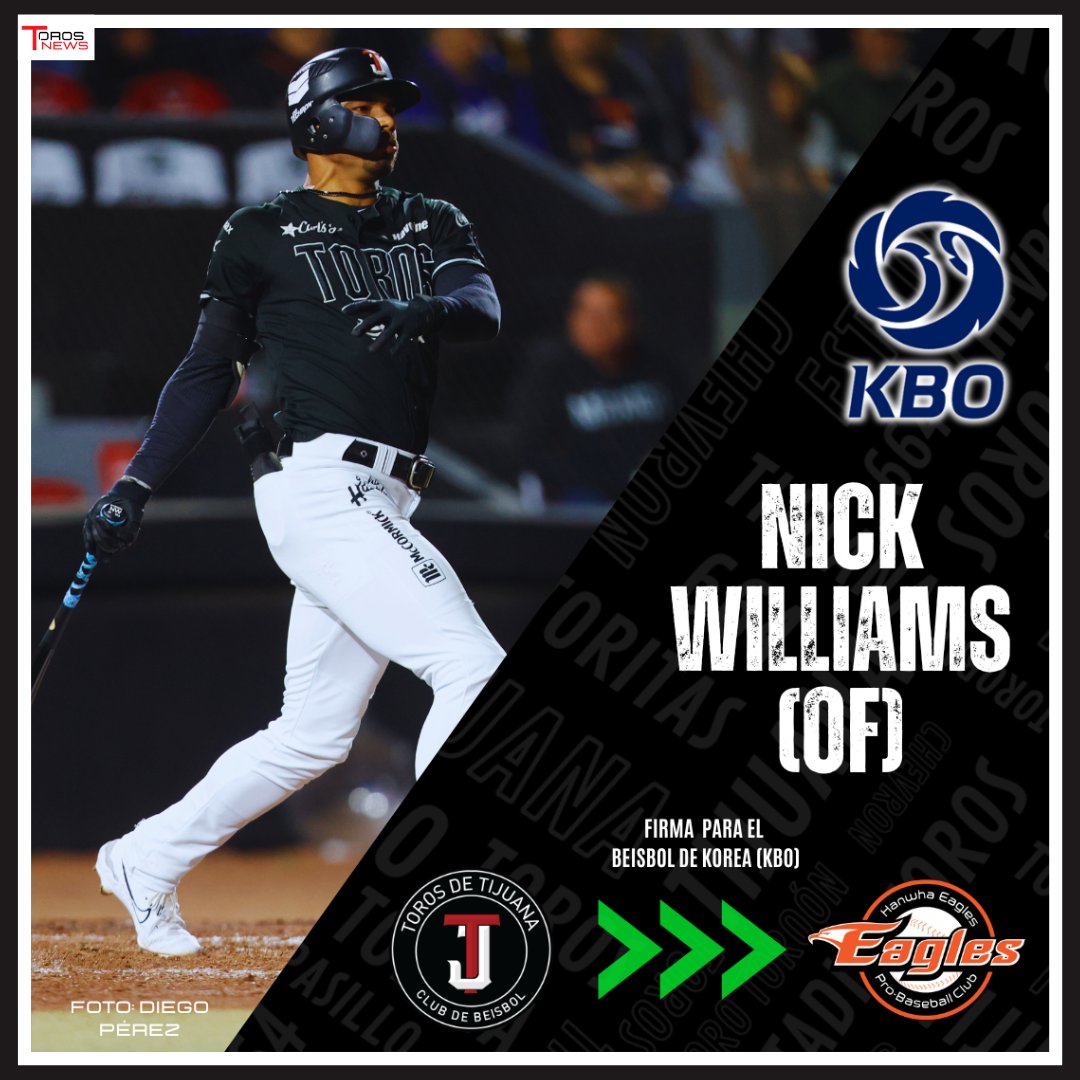 OFICIAL: Nuestros Toros sufrirán la baja de Nick Williams luego de firmar contrato con los @HanwhaEagles de la KBO, informó el club.

J.C. Escarrega tomará su lugar en el roster, de quien ya estaremos dando información próximamente.

#TorosNewa #TorosJuntos #LMB #KBO