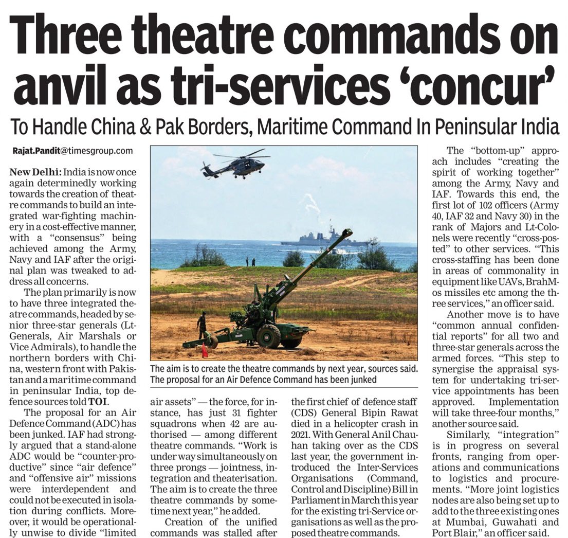 Plan to have 3 #TheatreCommands to handle the northern borders with China, the western front with Pakistan and a maritime command in peninsular India. Proposal for Air Defence Command junked. Work on 3 prongs -- jointness, integration & theaterisation. Truncated Print Version 👇🏼