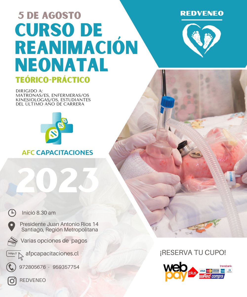 redveneo's tweet photo. 📍ATENCIÓN CHILE📍
.
CURSO DE REANIMACIÓN NEONATAL 👶🏻
.
 _Teorico-Practico_ 

🔰Dirigido a:

Enfermeras/os, Matronas/es , Kinesiologos

🗓️Fecha: 5 de Agosto
📌Lugar: Santiago de Chile

Para más info 📲

https://t.co/FuZf0oH9fu
https://t.co/YMqCpyPTkJ https://t.co/Vu9n8LviVE