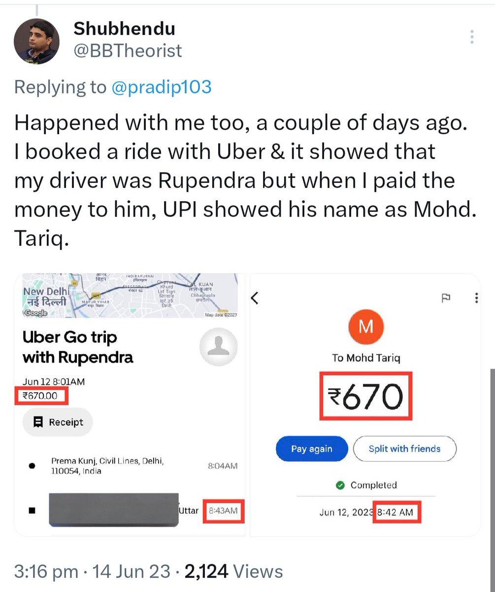 Mrsinha's tweet photo. -Registered name Vikram, real name Gulfam
-Registered name Rupendra, real name Md Tariq
-Registered name Rahul, real name Mraaif Khan

Cab companies having M drivers is not a crime but allowing them to ride with a fake identity is a very big crime.. Only people with wrong intentions do this..

@HMOIndia @nitin_gadkari