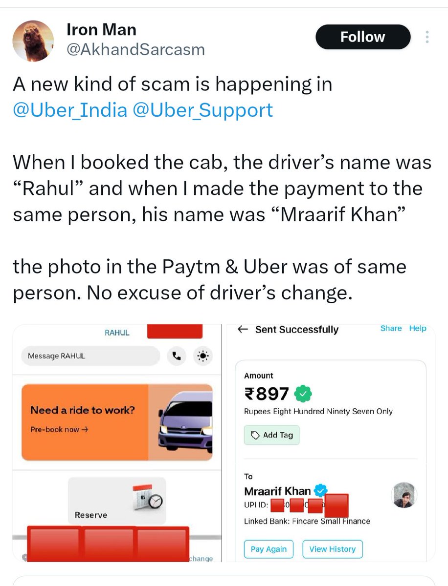 -Registered name Vikram, real name Gulfam
-Registered name Rupendra, real name Md Tariq
-Registered name Rahul, real name Mraaif Khan

Cab companies having M drivers is not a crime but allowing them to ride with a fake identity is a very big crime.. Only people with wrong…