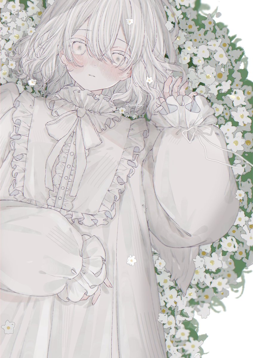 1girl white theme flower solo white hair dress white dress  illustration images