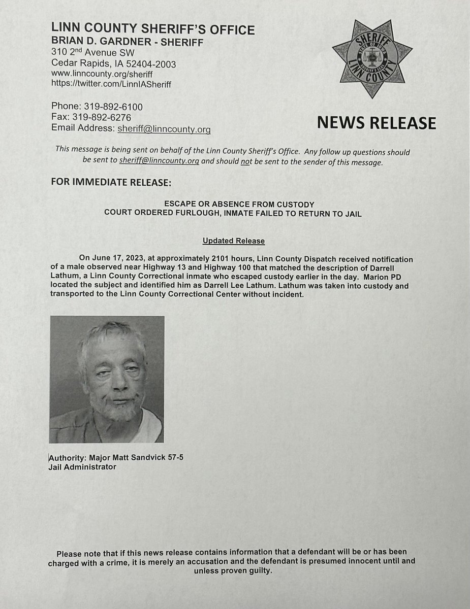 LinnCountySheriff on Twitter "Update Linn County Inmate Returned to