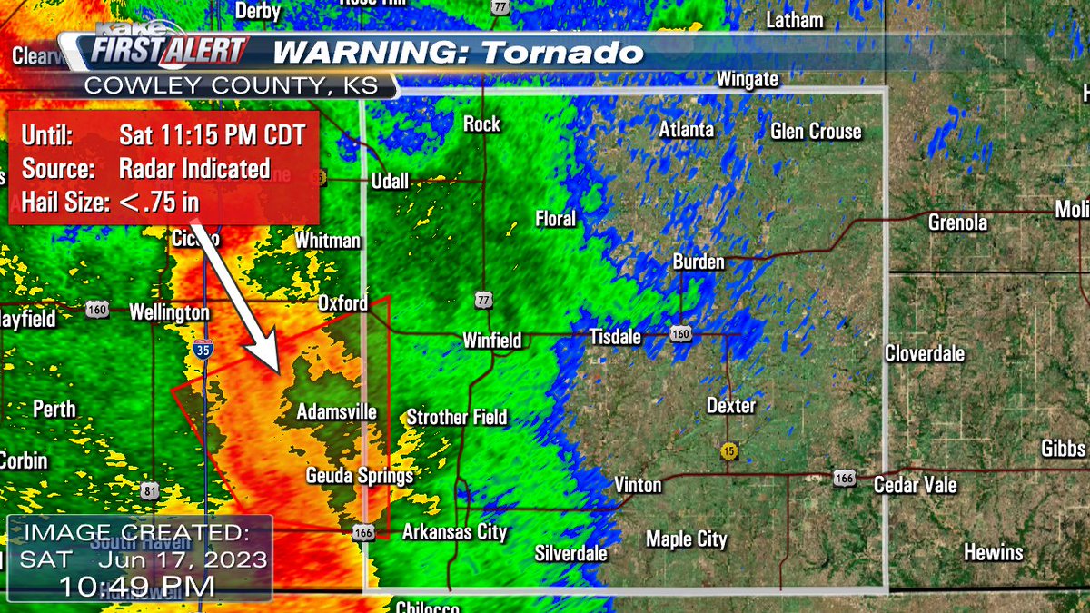 A Tornado Warning has been issued for part of Cowley County, Kansas. #KSwx