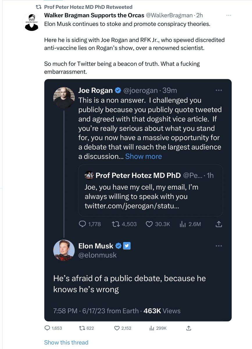 axidentaliberal's tweet photo. We are at a point where a podcaster and right wing billionaire

Spew vaccine disinformation and use schoolyard bully tactics against vaccine expert Peter Hotez

In an attempt to discredit his work

Which-if successful-means people will die

Is this what Elon Musk &amp; Joe Rogan want https://t.co/PJ6WXlppVc