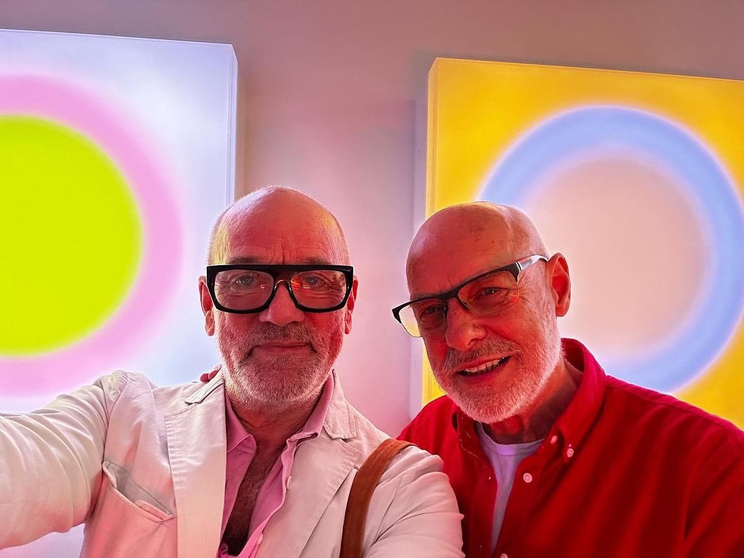 Brian Eno and Michael Stipe selfie, Paul Stolper Gallery, London, June 15, 2023
