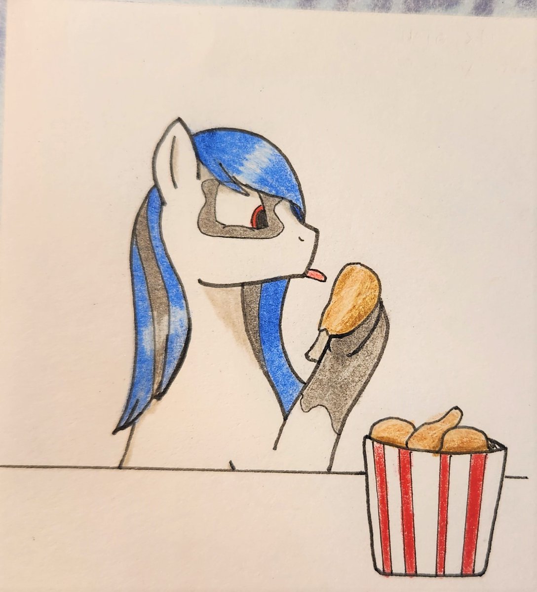 I'll be doing some of the prompts of this years's NATG. 
Day 10 - Pony trying something new: chicken 🐔