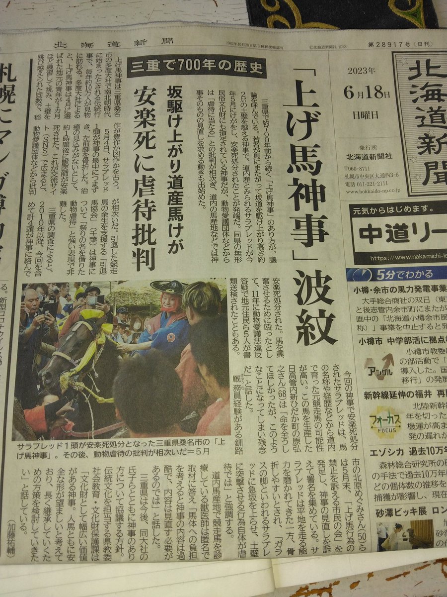 上げ馬神事、北海道新聞第一面トップ記事に掲載される！
メルズーガの故郷から大きな声が上がりました。
よく第一面トップで報じてくれました！
馬達がどんな行為を強いられて来たか、この記事を通して日本中の市民に知らされて欲しい🙏
#メルズーガ
#上げ馬神事は動物虐待