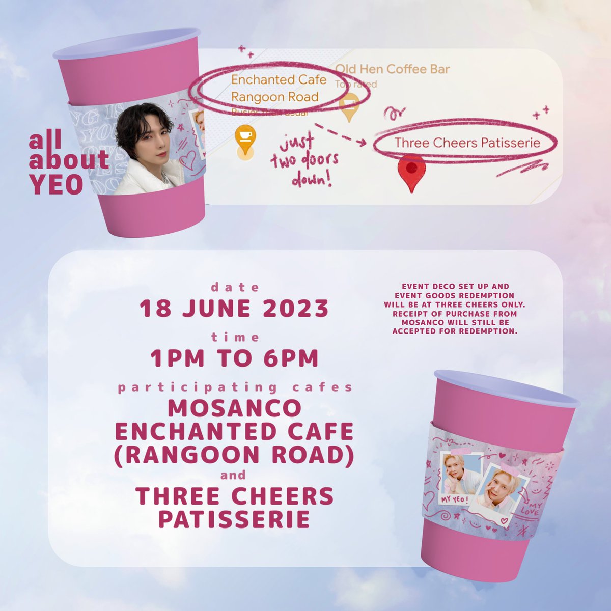 DVNT4ATZ's tweet photo. #ALLABOUTYEO 🦋 D-DAY!
our deco set up has been moved to THREE CHEERS PATISSERIE, which is only 2 doors down of MOSANCO ENCHANTED CAFE (RANGOON ROAD)!
#ATEEZ #YEOSANG #에이티즈 #여상
📢: https://t.co/rdTkS1E0ao https://t.co/YjqEvAUV0k