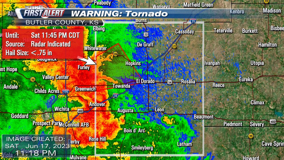 A Tornado Warning has been issued for part of Butler County, Kansas. #KSwx