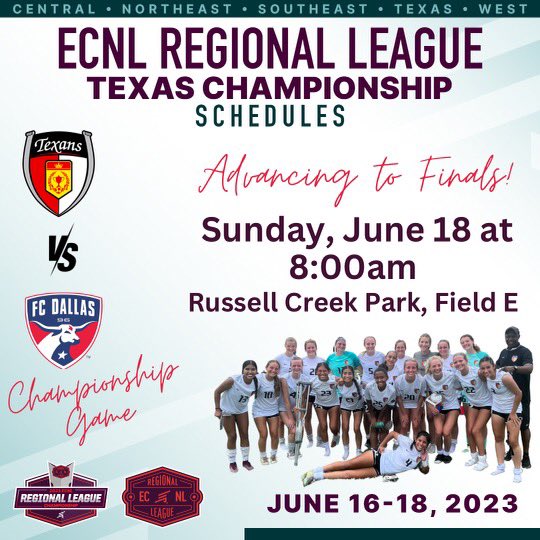 Dallas Texans U18/19 ECRL-Fagen (@texansecrl06g) on Twitter photo 🗣️🗣️ Championship Game 🎉🎉
#1MoreTime
#TexansWay
<a href="/MeanGreenSoccer/">UNT Soccer</a> <a href="/DBUWomensSoccer/">DBU Women's Soccer</a> <a href="/TWU_Soccer/">TWU Soccer</a> <a href="/BellesSoccer/">Angelo State Women’s Soccer</a> <a href="/UTDwomenssoccer/">UT Dallas Women's Soccer</a> <a href="/CoachLStringer/">Leah Stringer</a> <a href="/SFA_Soccer/">SFA Soccer</a> <a href="/TarletonSoccer/">Tarleton State Soccer</a> <a href="/RaginCajunsSOC/">Louisiana Ragin' Cajuns® Soccer</a> <a href="/DeltaStateWSOC/">Lady Statesmen Soccer</a> 🗣️🗣️ Championship Game 🎉🎉
#1MoreTime
#TexansWay
<a href="/MeanGreenSoccer/">UNT Soccer</a> <a href="/DBUWomensSoccer/">DBU Women's Soccer</a> <a href="/TWU_Soccer/">TWU Soccer</a> <a href="/BellesSoccer/">Angelo State Women’s Soccer</a> <a href="/UTDwomenssoccer/">UT Dallas Women's Soccer</a> <a href="/CoachLStringer/">Leah Stringer</a> <a href="/SFA_Soccer/">SFA Soccer</a> <a href="/TarletonSoccer/">Tarleton State Soccer</a> <a href="/RaginCajunsSOC/">Louisiana Ragin' Cajuns® Soccer</a> <a href="/DeltaStateWSOC/">Lady Statesmen Soccer</a>