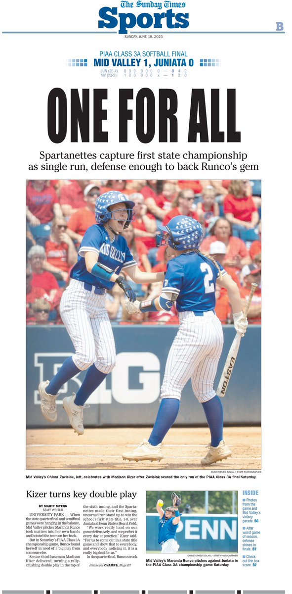 Times-Tribune sports (@sportstt) on Twitter photo Don’t walk — run like you’re Chiara Zavislak circling the bases and pick up a copy of Sunday’s <a href="/timestribune/">The Times-Tribune</a>, which features full coverage of Mid Valley’s state championship win. Don’t walk — run like you’re Chiara Zavislak circling the bases and pick up a copy of Sunday’s <a href="/timestribune/">The Times-Tribune</a>, which features full coverage of Mid Valley’s state championship win.