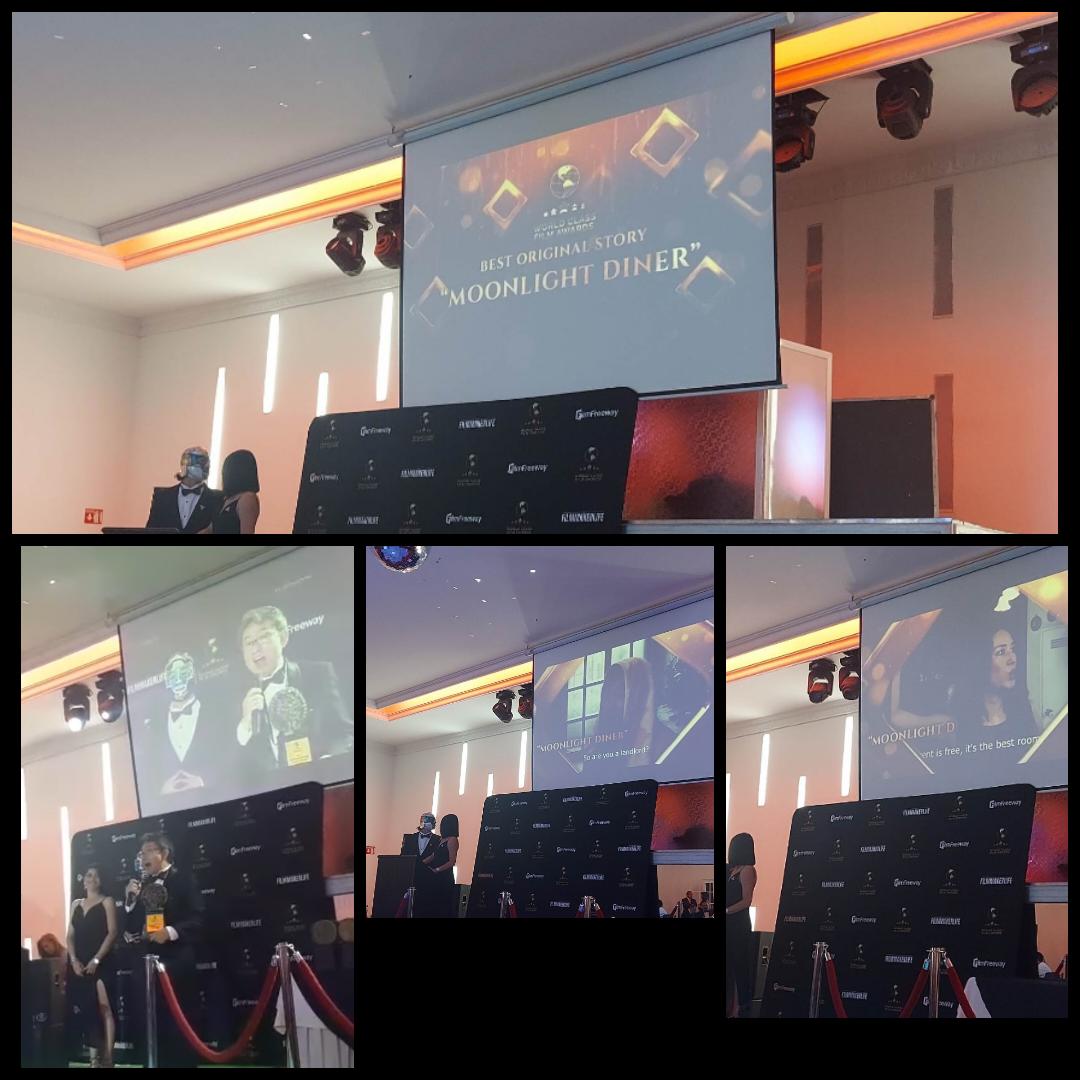 現在リアルタイムで受賞式進行中の　World Class Film Awards.
『にしきたショパン』で現地参加されてる近藤Pからの超速報。

『ムーンライト・ダイナー』はベストオリジナルストーリー。現地参加ナシでも受賞を頂けるとは。感謝です！
左下は2冠受賞！近藤さんの堂々のスピーチ(^^
<a href="/worldclassaward/">World Class Film Awards</a>