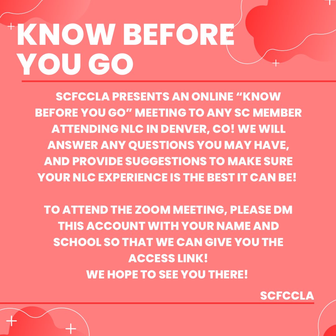 Saturday, June 24th at 7pm, your SEC will present a “Know Before You Go” session for any SCFCCLA member attending NLC in Denver, CO!