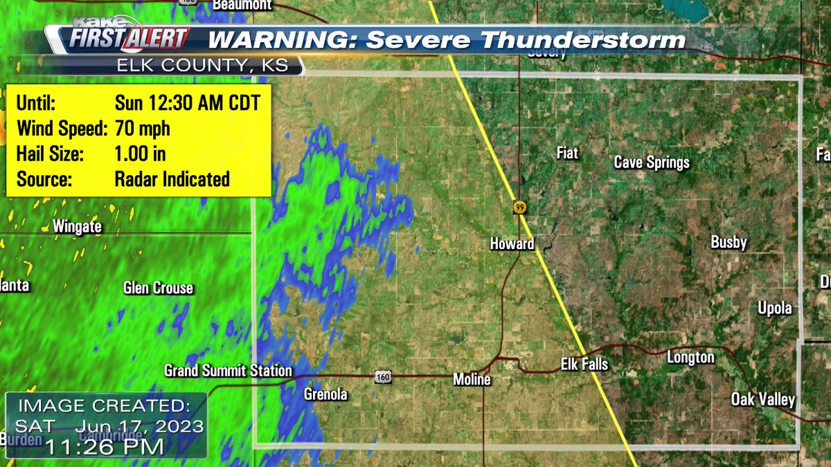 A Severe Thunderstorm Warning has been issued for part of Elk County, Kansas. #KSwx