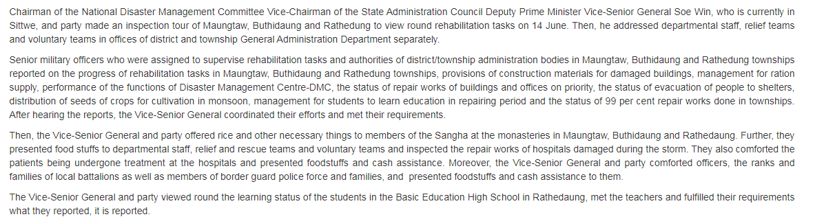 Vice-Chairman of #SAC Deputy Prime Minister Vice-Senior General Soe Win Meets Departmental Staff, Relief Teams, and Voluntary Teams in Maungtaw, Buthidaung and Rathedaung Townships #WhatsHappeningInMyanmar #Myanmar infosheet.org/node/5090