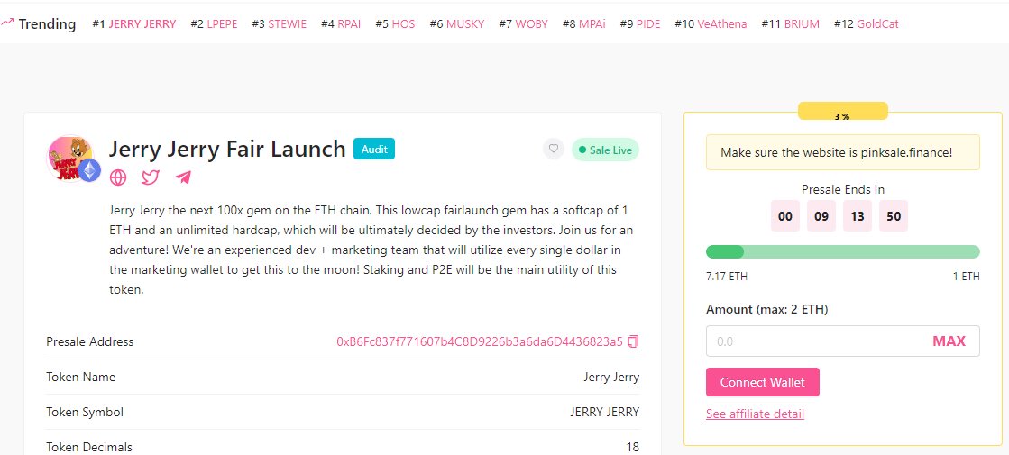 jerryjerryerc20's tweet photo. Congratulation Jerry&amp;Jerry Reached Top 1 Trending On Pinksale 🔥🔥

🐹 Jerry &amp; Jerry ETH Fairlaunch on Pinksale Live Now

👉 Fairlaunch: https://t.co/MWcVSNPVRQ

💠 3% Affiliate
💠 1 ETH Softcap
⏱ Time: 2023.06.17 14:00 (UTC) -  2023.06.18 14:00 (UTC)
🏵 Max contribution: 2 ETH https://t.co/0PdeXOZgOB