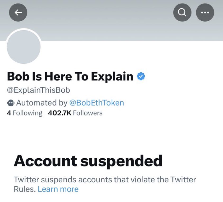 Rare Elon Musk L today

$BOB was not a scam coin, did nothing wrong and didn’t deserve to be terminated

The coin plummeted in response to Elon suspending their twitter

I currently don’t hold any and was not impacted, but I know many friends that were

Sad day for meme coins