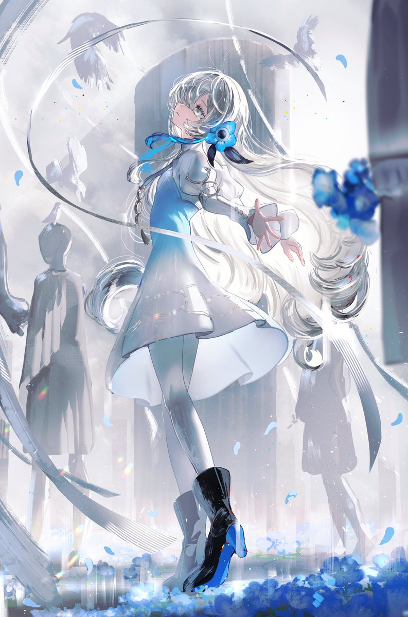 flower blue flower long hair hair ornament 1girl dress boots  illustration images