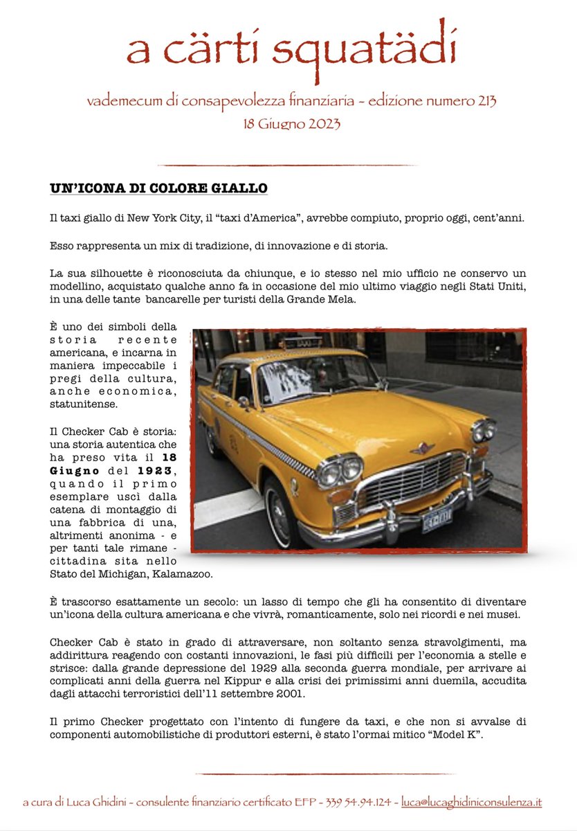 Ghidoluca's tweet photo. UN’ICONA DI COLORE GIALLO- Newsletter n.213 del 18 Giugno 2023

Ci sono aziende capaci di sfidare l’impossibile, e vincere.

La Checker Cab è stata per lunghi anni una di quelle!

Buona lettura,   

Luca    

Per riceverla in formato pdf:  luca@lucaghidiniconsulenza.it https://t.co/6RgQ8pAItE