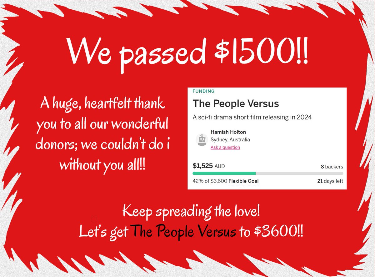 $1500!! A huge thank you to everyone who's contributed to our bold, ambitious film!

DONATE HERE: indiegogo.com/projects/the-p…

#shortfilm #cinema #studentfilm #filmstudent #sydneyfilmmaker #sydneyfilm #jmcacademy