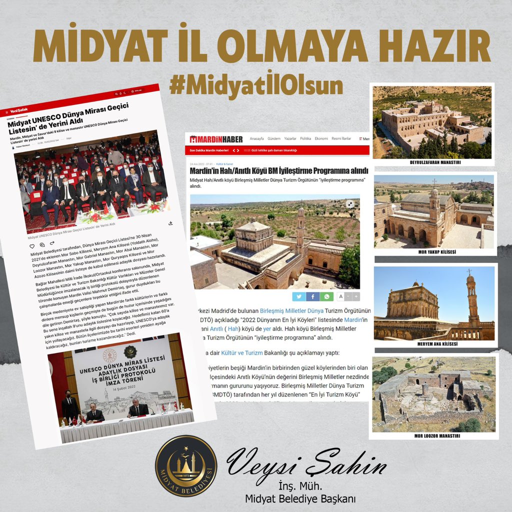 #TürkiyeYüzyılında 100 İlden 1'i  Kadim Kentimiz Midyat Olsun... 

Gelişen ve Büyüyen #Midyat  İl Olmak için Hazır... 

154 Yıl önce Vilayet olan Unesco Şehri Kadim Kentimiz Midyat’ın yeniden il olmasını istiyoruz.

#RecepTayyipErdoğan 
#VeysiŞahin
#MidyatİlOlsun