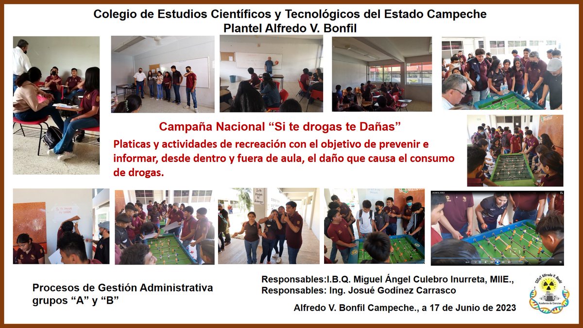 AlumnoBonfil's tweet photo. Estudiantes del CECyTEC A. V. Bonfil. 2do. sem. P.G.A. “A” y “B”, llevaron a cabo las actividades vivenciales relacionada a la Campaña Nacional “Si te drogas te dañas” con el objetivo de promover una cultura proactiva apartada de posibles vicios.
@SEP_mx, @josgodinez4, @Makynu https://t.co/WgvB66gnV4