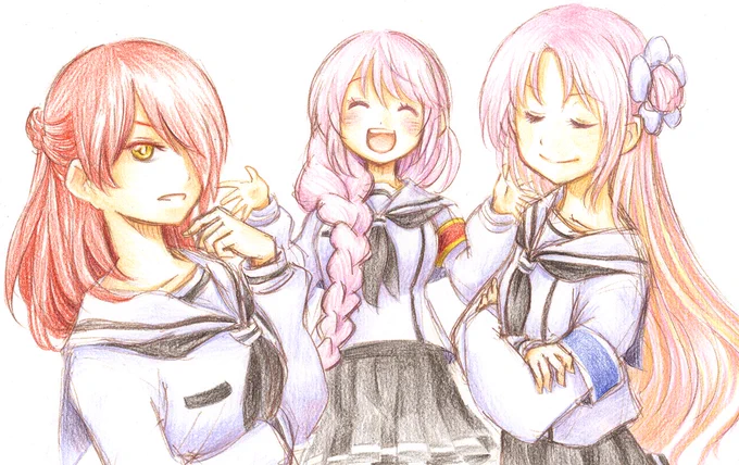 本編ではポテチ袋もコンビニゼリーも無さそうなのでパラレル学園衣装でした。べんり。 (腕章描き忘れたが、そもそもこの3人のパラ学が本当は無いのだった。)