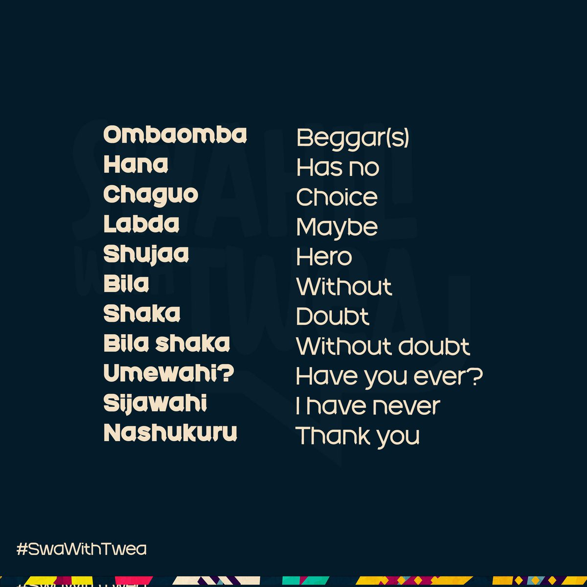 Hamjambo
Due to public demand, beggars are called 'Ombaomba' 

The word 'nashukuru' means  'I appreciate' which is synonymous with 'Asante' - 'Thank you'
#SwaWithTwea