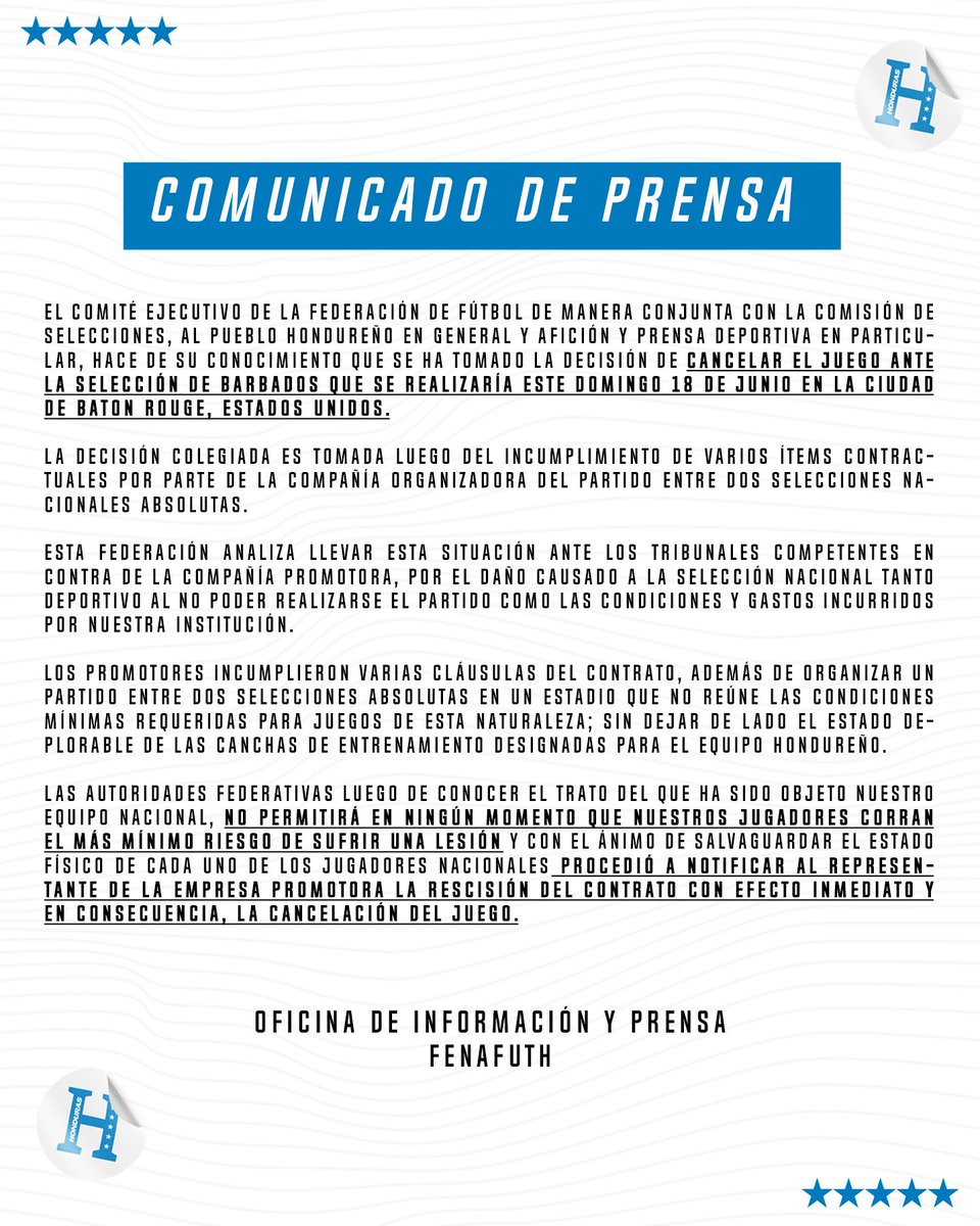 🚨COMUNICADO DE PRENSA📰

📃OFICIAL

#FENAFUTH #HONDURAS