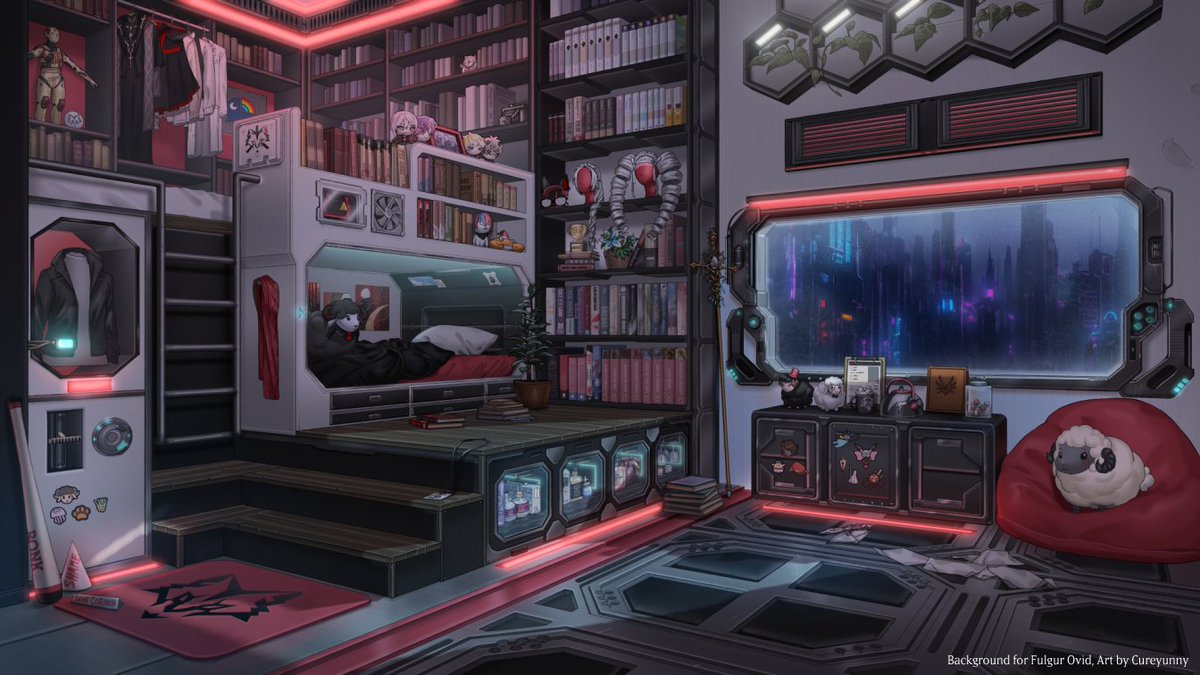 I did the background art for @Fulgur_Ovid 's new room!
I had a lot of fun designing the space. There was indeed a lot of references! Sorry I can't post more highres image but I will zoom in on some cute stuff!

Thank you so much for working with me!
#NOCTYXOutfitRelay #Artchivist
