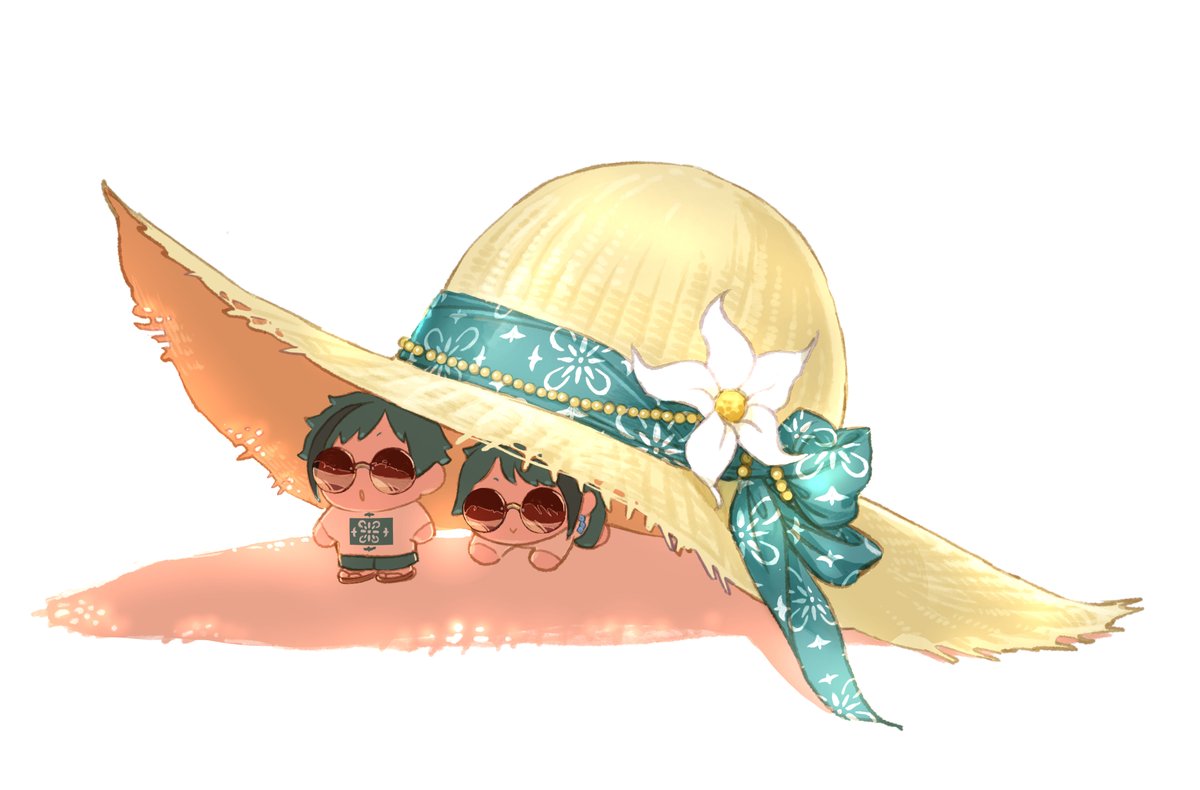 hat straw hat flower white background sunglasses chibi simple background  illustration images