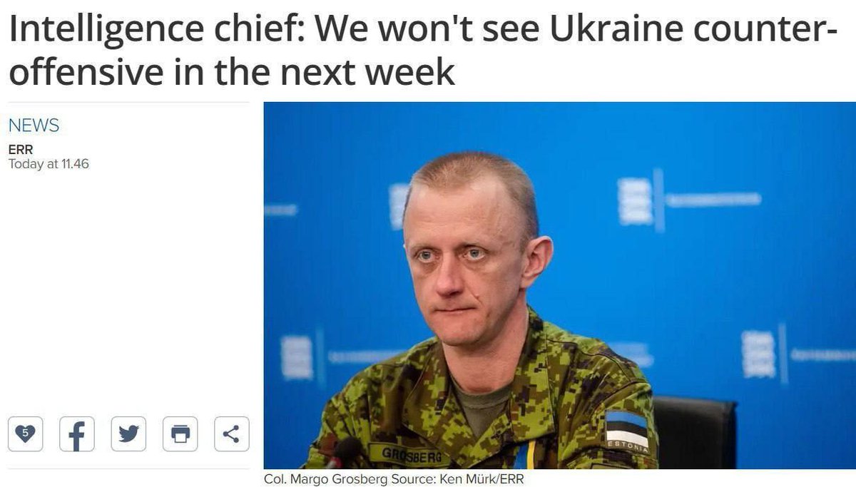 Le Chef du renseignement d’Estonie, le colonel Margot.

«Nous ne verrons pas l'offensive🇺🇦 dans les 7 proch.  jours. 🇺🇦 a perdu environ 10% du matériel et armements occidentale. #Poutine a dit -plus de 30% Je crois plus à Poutine qu'à ce Monsieur 😂 #NatoIsLosingTheWar