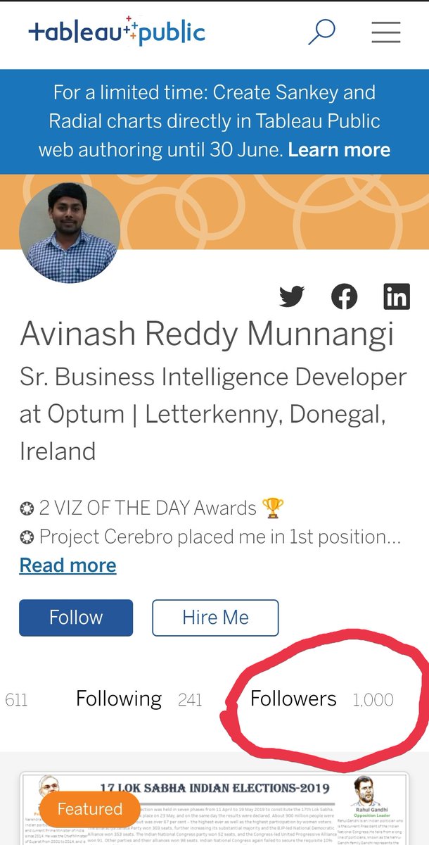HI #datafam, Today I reached to a milestone on <a href="/tableaupublic/">Tableau Public</a> with 1000 followers club. Thank you #datafam for your continuous support. Looking forward to contribute more to the <a href="/tableau/">Tableau</a> community. Thanks! 
My Tableau public Portfolio Link is below 
public.tableau.com/app/profile/av…