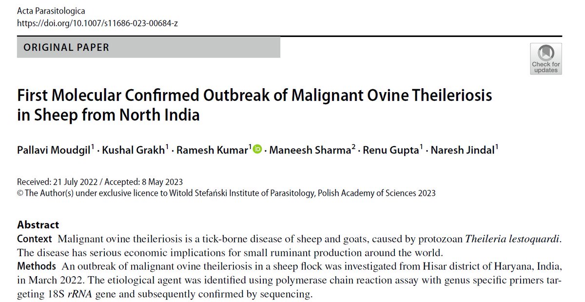 DrGrakh's tweet photo. The latest paper is published with Acta Parasitologica [IF 1.534].

First Molecular Confirmed Outbreak of Malignant Ovine Theileriosis (MOT) in Sheep from North India.
The study can be read here..
https://t.co/Xa5ZuA0YrR
@springerlink https://t.co/EXiMdBr4No