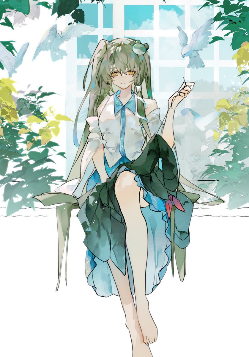 kochiya sanae 1girl long hair solo hair ornament barefoot green hair skirt  illustration images