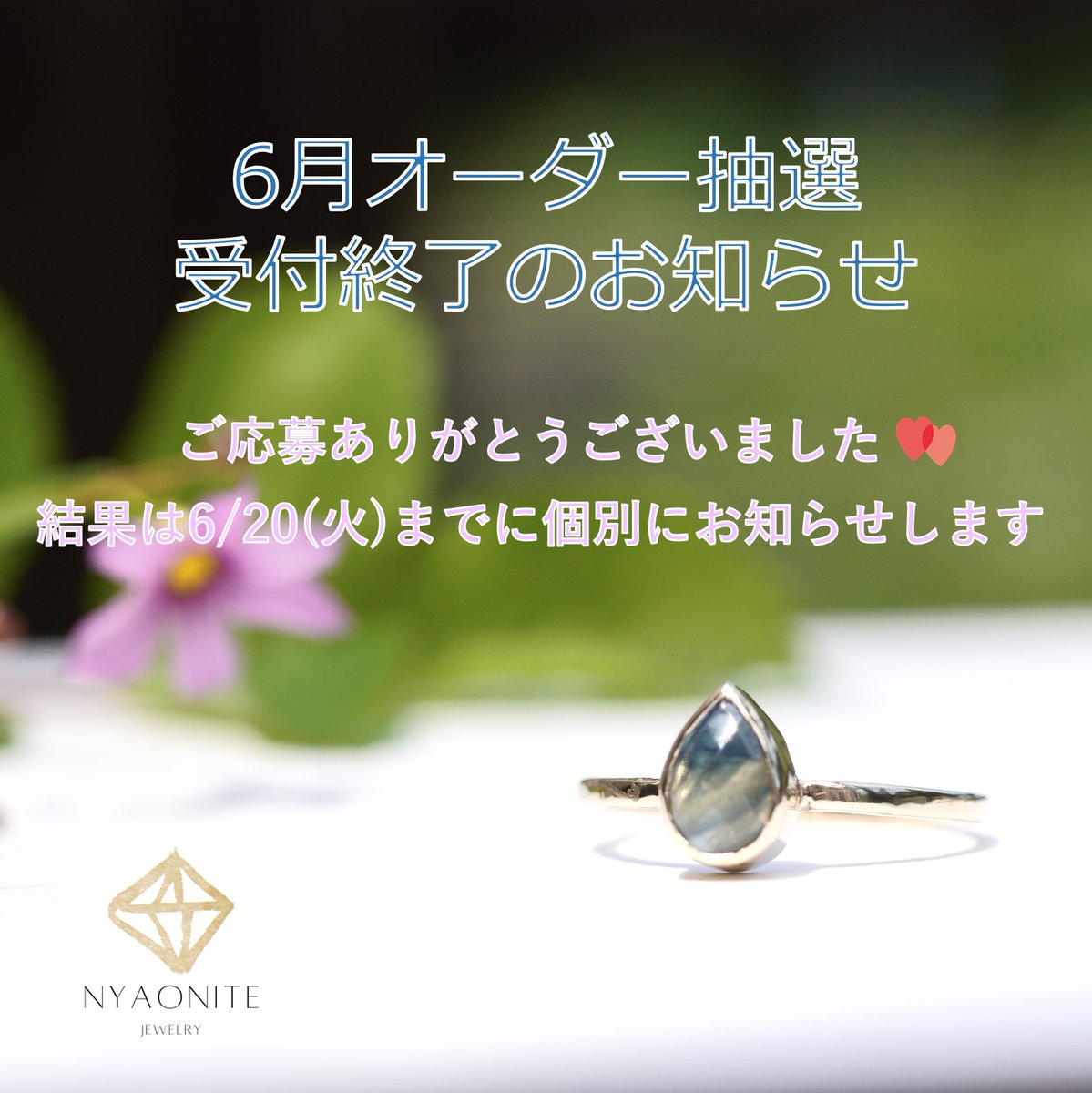 nyaonite's tweet photo. ただいまをもって、6月のオーダー抽選販売の受付を終了させていただきます。
ご応募いただいた皆さま、ありがとうございました😊

抽選結果は6月20日（火）までに個別にお知らせいたします。
どうぞ今しばらくお待ちくださいませ🍀 https://t.co/hazrFmYEpe