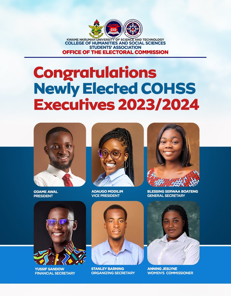 KnustCohssEC's tweet photo. Congratulations 🎊🎉

KNUST-CoHSS Executives Elect for 2023/2024 Academic Year.
SERVE WELL📌
@Cohssparliament @_KSBAA @Katanga_Ec @_CanarsaEC @ScisaEC @CoHSSknust_ @KNUSTSRCEC @Gesa_EC @CoHS_EC @CabesaEc @SrcobuasiEC @AfricaHall_Ec @VOICE_of_KNUST @watsuptek @kwaku_toworfe https://t.co/81B7BFsqG9