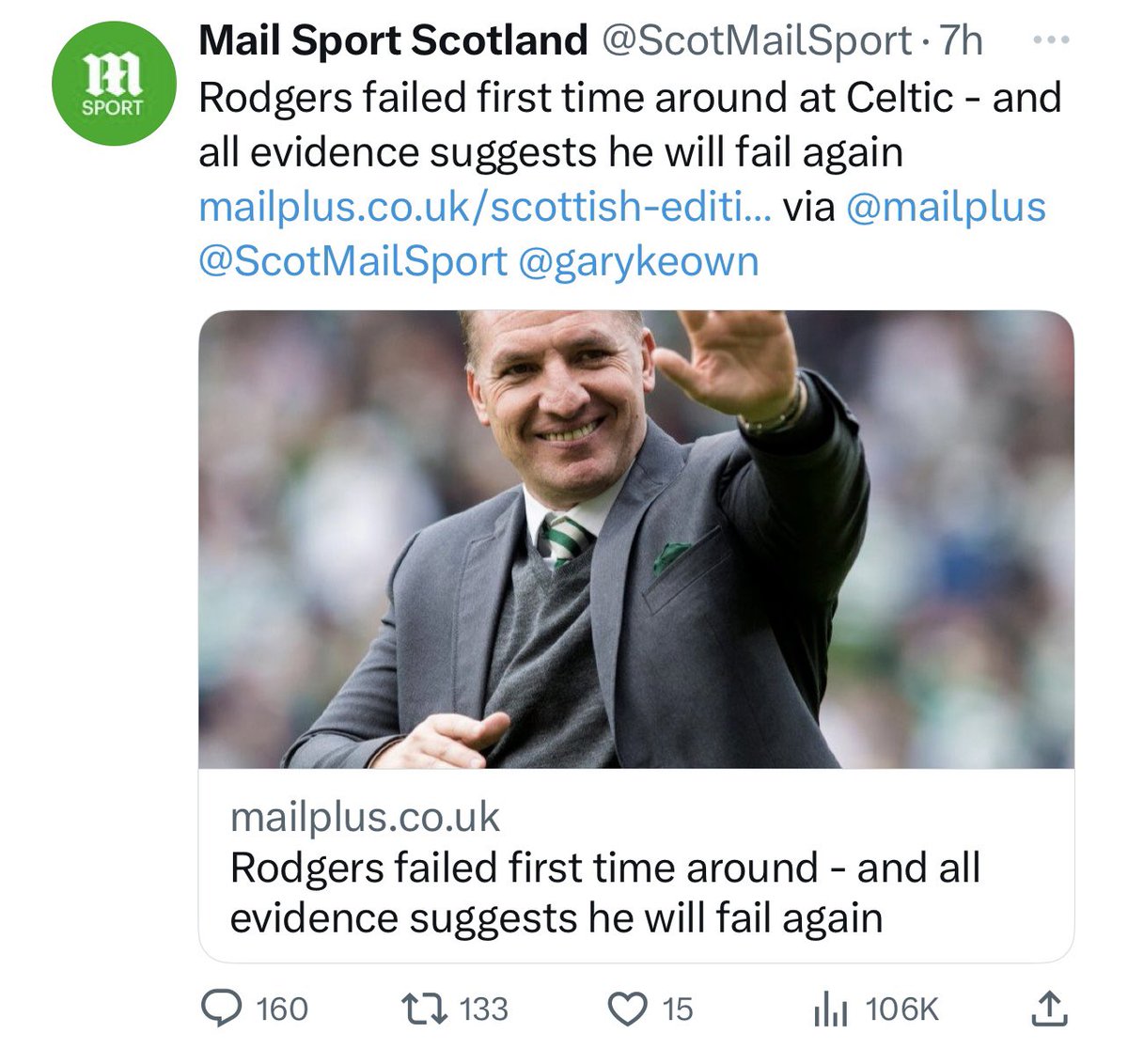 Gerard_Donaghy's tweet photo. Of course Rodgers isn’t guaranteed to be a success second time round at Celtic but the revisionism of his first spell in this Daily Mail headline is ludicrous. https://t.co/fR7h5ee70L